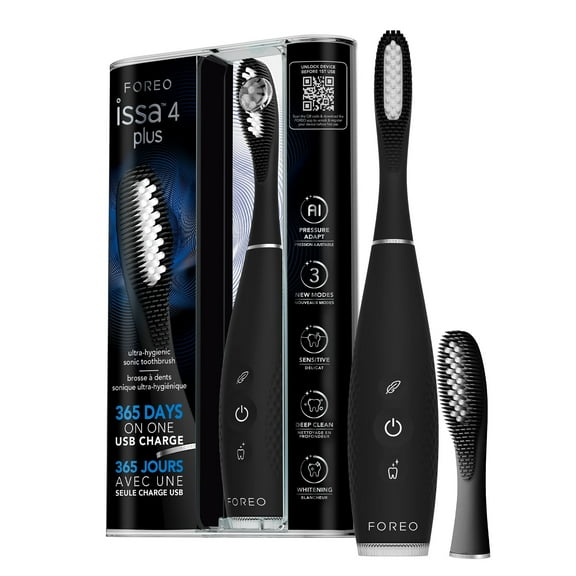 FOREO Issa 4 Plus Sonic Electric Toothbrush Rechargeable Bundle with Extra Hybrid Brush Head, Black