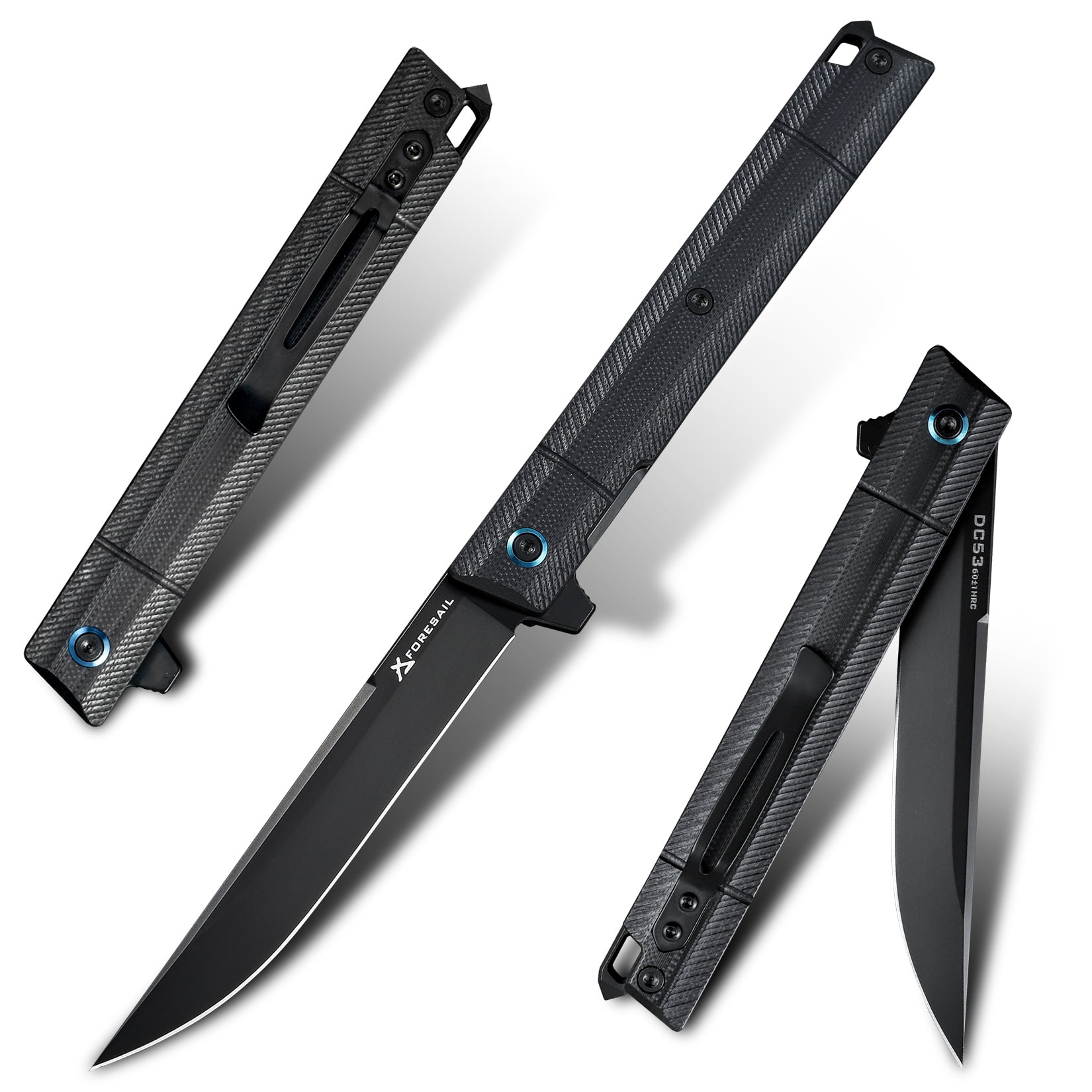 FORESAIL Pocket Folding Knife Black PVD DC53 steel and Black G10 Handle  Outdoor Camping EDC knife