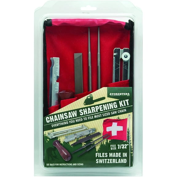 FORESTER Chainsaw Sharpener File Kit - Chain Saw Blade Sharpening File With Files Wood Handle Depth Gauge File Guide Tool Pouch Field Chainsaw Sharpening Kit Chain Logging Tools (7/32")