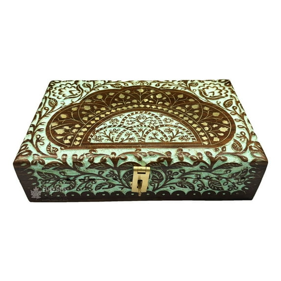FORESTIS GALLINARIA Handmade Decorative Wooden Jewelry Box, Kit, Vanity,Trinket, Organizer For, Ladies, Men, Women, Gold, Cash,Multipurpose Keepsake, Gift Item (10x6, Full-Bread Greenish-Blue)