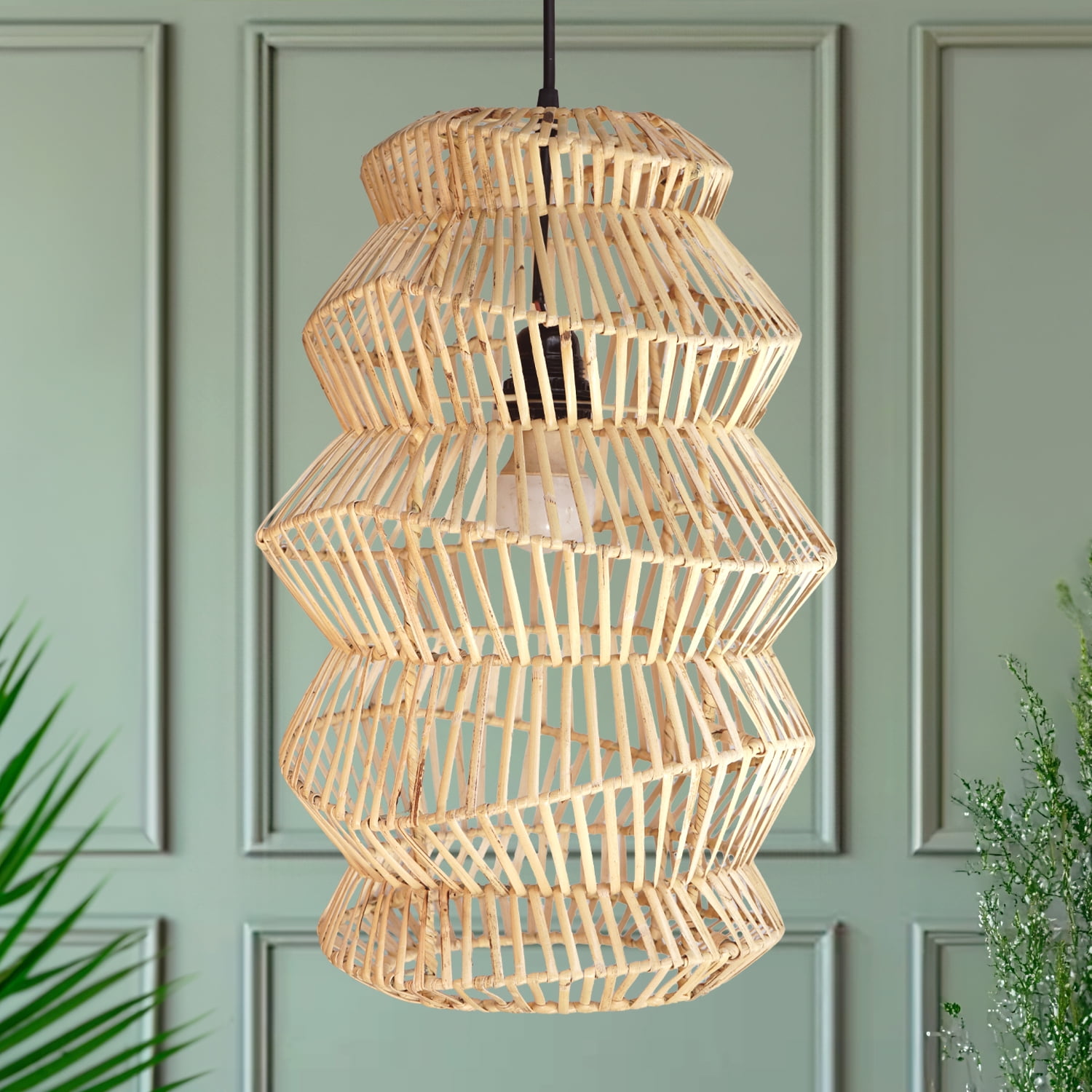 FOREVER BAMBOO Indonesian Hand-Woven Natural Rattan Chandelier Pendant Light Fixture Zig-Zag Shape for Kitchen Island, Living Room, Dining Room, 18 in H x 12 in W