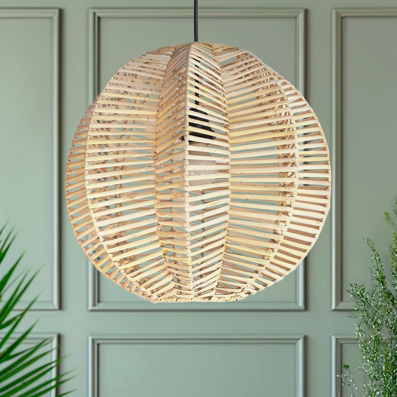FOREVER BAMBOO Indonesian Hand-Woven Natural Rattan Pendant Light Fixture Circle Shape Woven Wicker Lampshade Chandelier Interior Decor, 15 in H x 15 in W