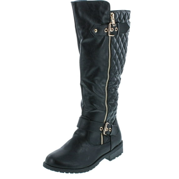 FOREVER MANGO-21 Women's Winkle Back Shaft Side Zip Knee High Flat Riding Boots, Black, 6.5