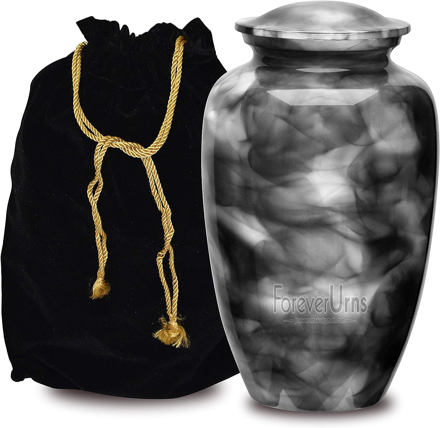 FOREVER URNS Adult Cremation Urn Black Smoke For Human Ashes, Handcrafted 220 Cu. In With Velvet Bag.