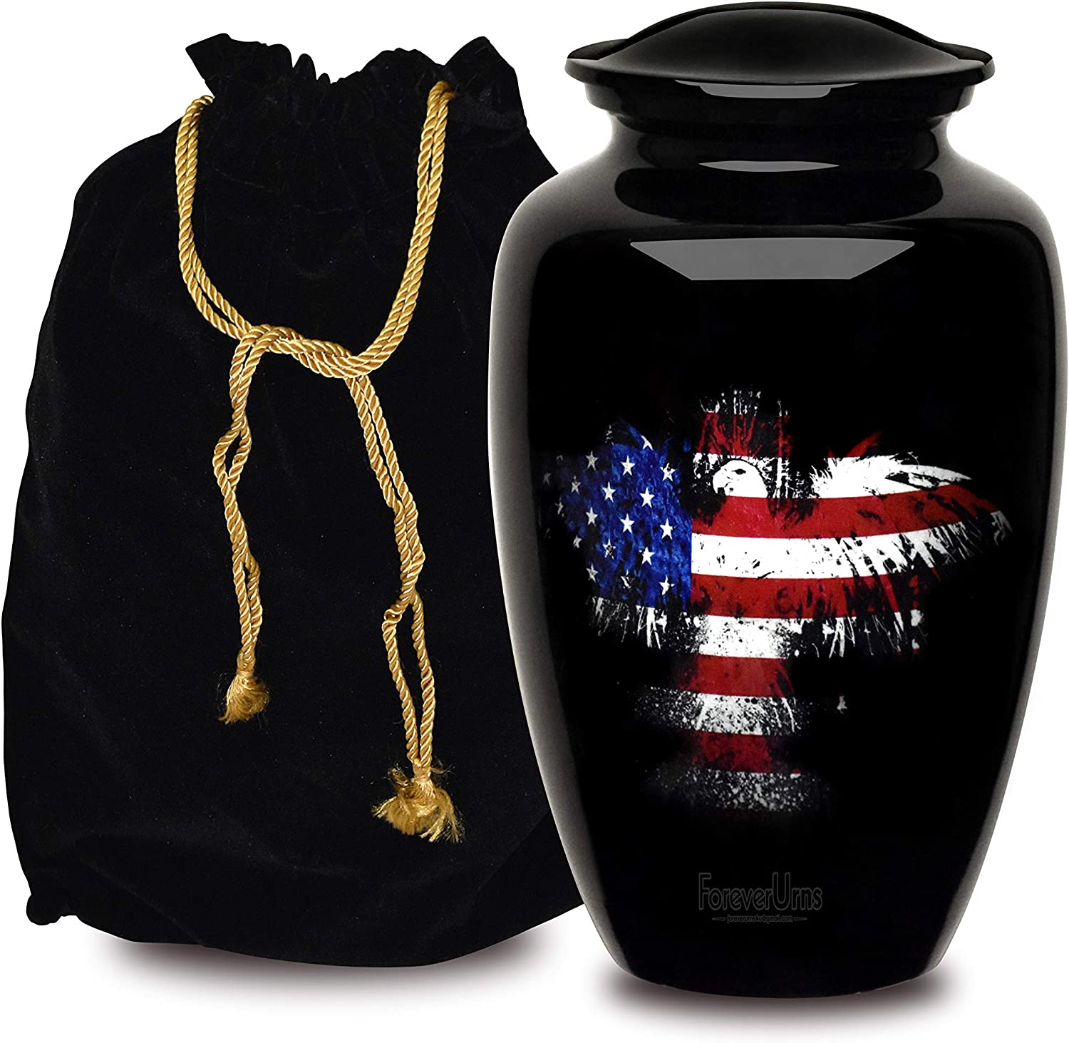 FOREVER URNS Adult Cremation Urn Eagle Flag Urn For Human Ashes, Handcrafted 220 Cu. In With Velvet Bag.