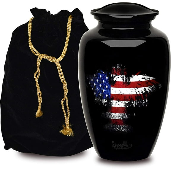 FOREVER URNS Adult Cremation Urn Eagle Flag Urn For Human Ashes, Handcrafted 220 Cu. In With Velvet Bag.