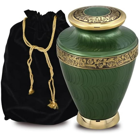 FOREVER URNS Adult Cremation Urn Elegance Green Enameled Urn For Human Ashes, Handcrafted 220 Cu. In With Velvet Bag.