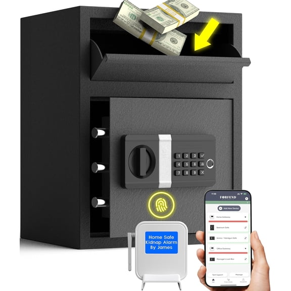 FORFEND Smart Money Safe App Alarm | Kidnap Alarm, Tamper Proof, Voice Command Depository Drop Safe Box Anti-Pry| Multi-User Cash Safe for Home Office