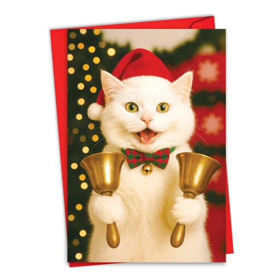 FORGE- Christmas Greeting Card W/ Envelope (1 Card) Happy Holidays Cat Notes - Bells