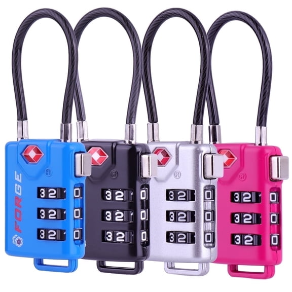 Forge TSA Approved 4-Pack Combination Cable Luggage Locks, Multicolor
