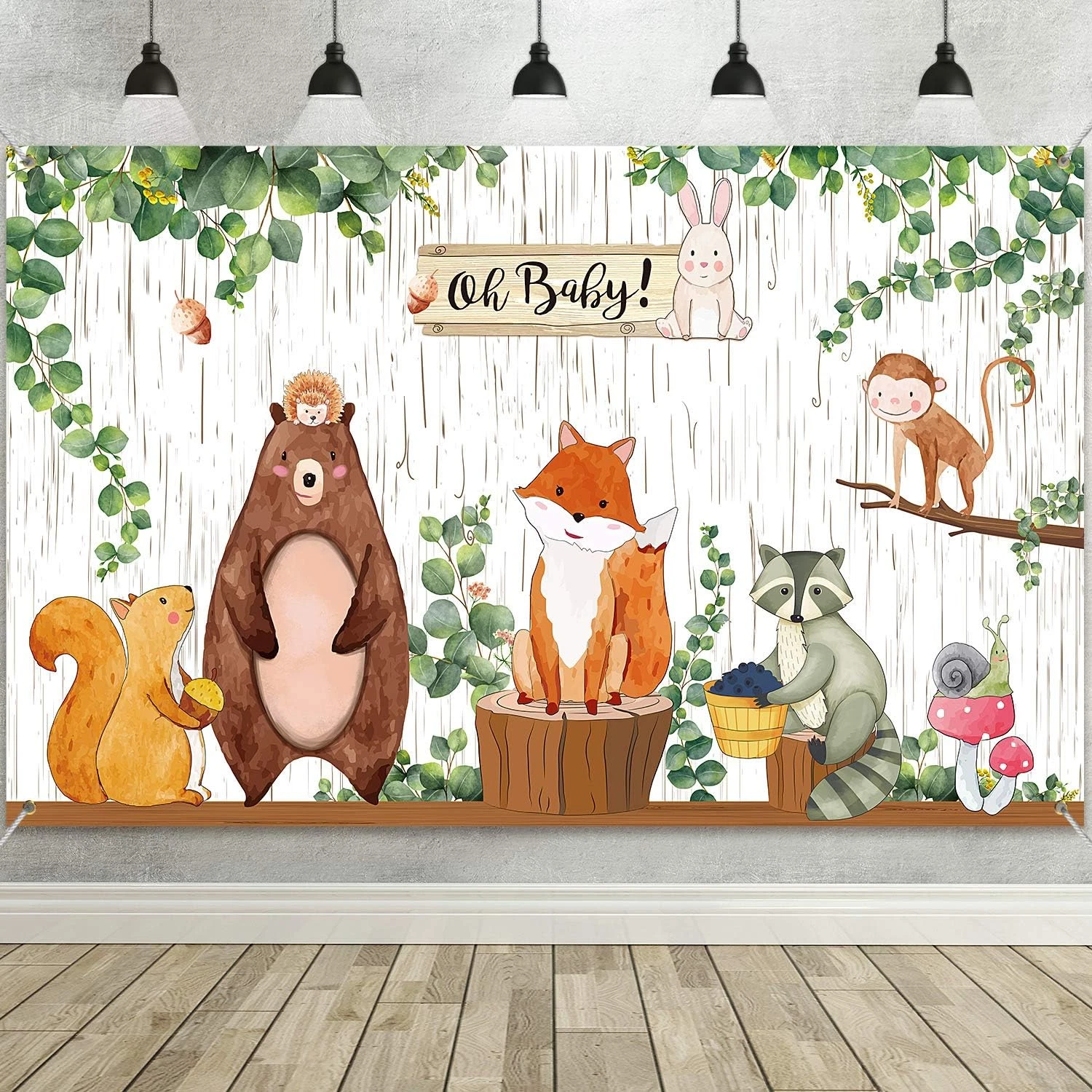 FORGE- Woodland Baby Shower Backdrop Banner, Large Fabric Jungle Animal Birthday Party