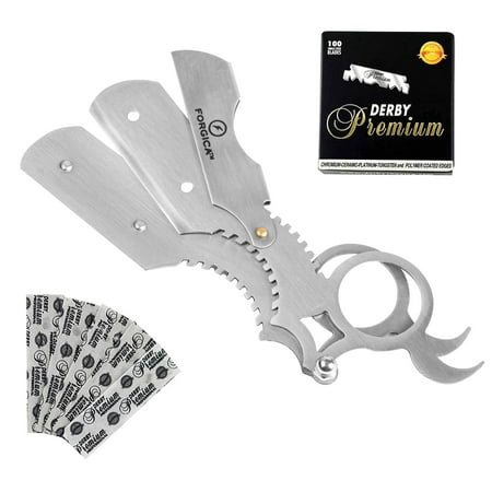 FORGICA-Barber Straight Razor Gift: Men's Pro Edge Razor + 100 Derby Blades - Single Ring Barber Razor Compatible with Double Edge Blade + Titanium Beard Shaper (Silver)