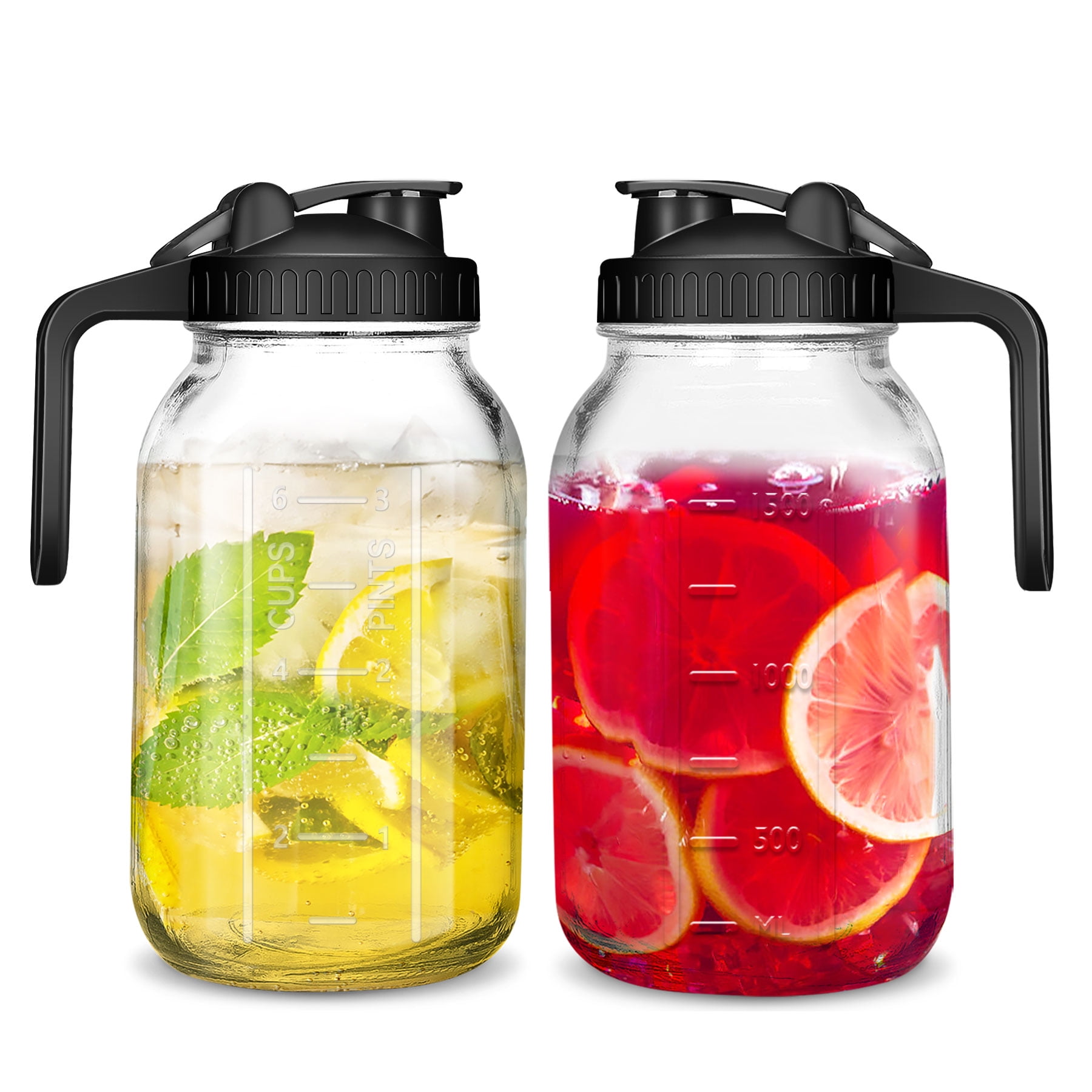 2Pcs Plastic Water Pitcher Clear Juice Containers with Flip Top lids -  Narrow Neck for Easy Grip Wide Mouth - Juice carafe for Iced Tea, Powdered
