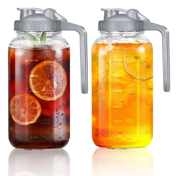 FORHVIPS 2 Pack Mason Jar Pitcher with Pour Spout Handle Lid,2 Quart (64OZ) Thick Glass Pitcher with Lid, Leak-proof Glass Pitcher Wide Mouth for Brew Coffee,Ice Beverage,Juice,Lemonade,Sun Tea