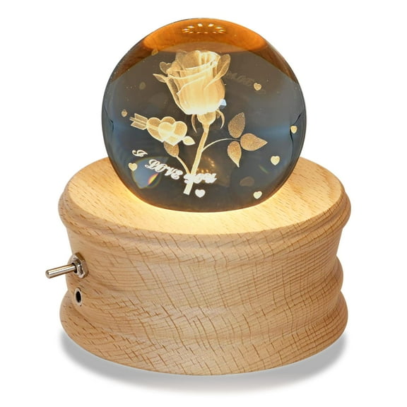 FORHVIPS Crystal Ball Music Box, 3D Rotating Globe with Projection LED Light, Wood Base Luminous USB Charging Musical Box, Rose Gift for Birthday Christmas Thanksgiving Mothers Day (Rose Flower)