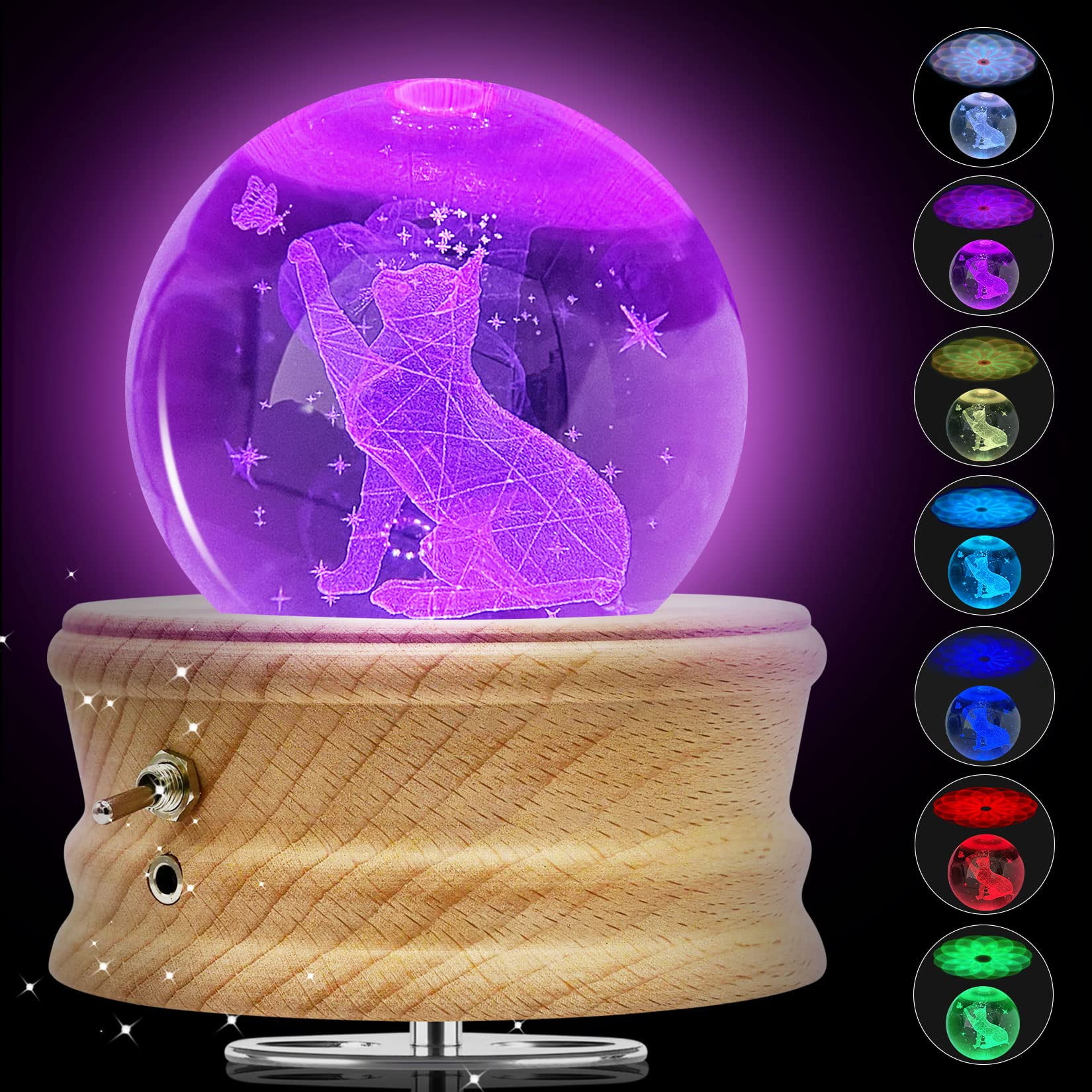 FORHVIPS Crystal Ball Music Box, 3D Rotating Globe with Warm Light Projection, Wood Base USB