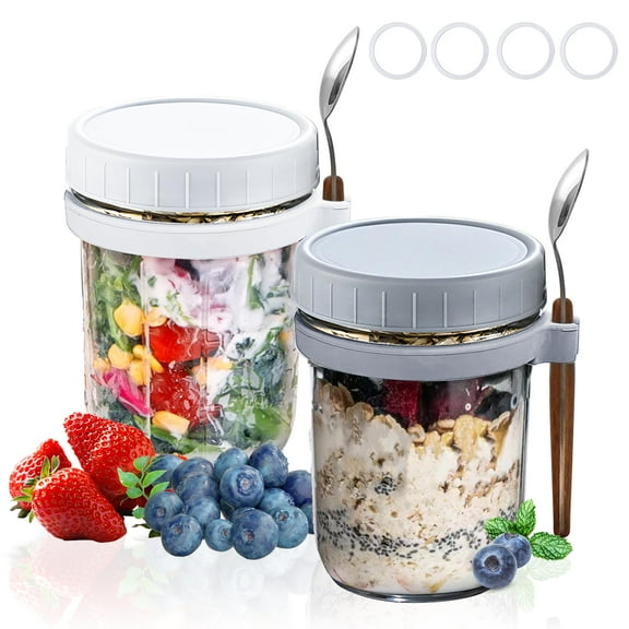 FORHVIPS Glass Lunch Breakfast Containers on the Go,16 OZ/2 Cup Oat Yogurt Containers with Lids,Portable Reusable Yogurt Parfait Cups,2 Pack Overnight Oats Containers Jars Set,Food Storage Containers