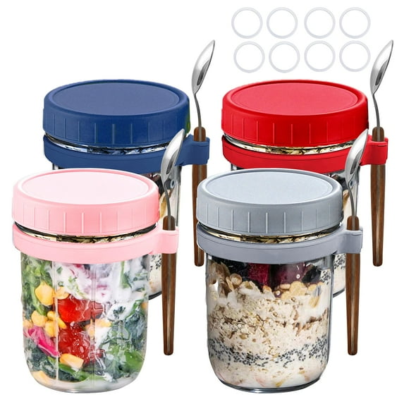 FORHVIPS Glass Lunch Breakfast Containers on the Go,16 fl oz/2 Cup Oat Yogurt Containers with Lids and Spoon,Portable Reusable Yogurt Parfait Cups,4 Pack Overnight Oats Containers Jars Set