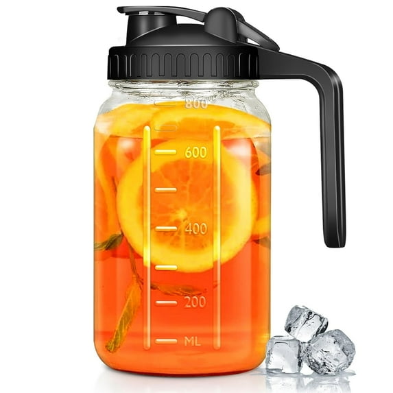 FORHVIPS Glass Tea Pitcher with Lid,32OZ/600ML/1Qt Mason Jar Pitcher,1/4 Gallon Water Jug with Pour Spout Handle,Water Pitcher with Wide Mouth for Brew Coffee,Ice Beverage,Juice,Lemonade,Sun Tea