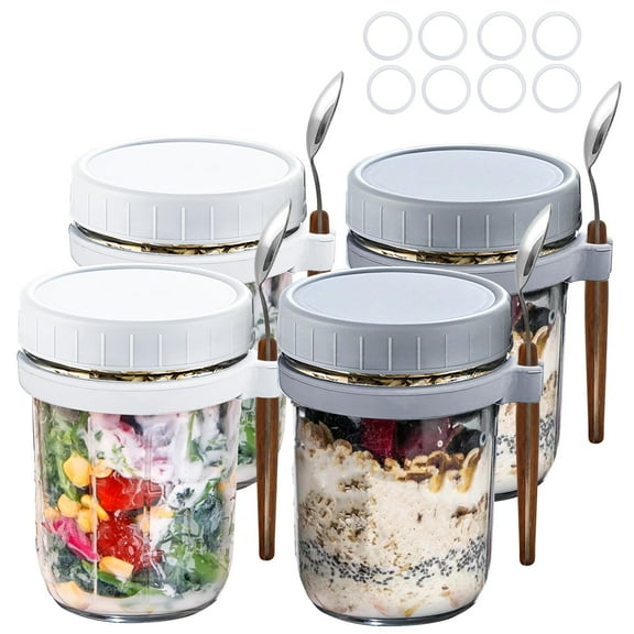 FORHVIPS Oats Containers Jars with Lids and Spoon 16 Fl oz/2 Cup Glass Mason Jars for Overnight Oats 4 Pack Large Sealed Oatmeal Container for Yogurt, Milk, Salad, Cereal, Fruit