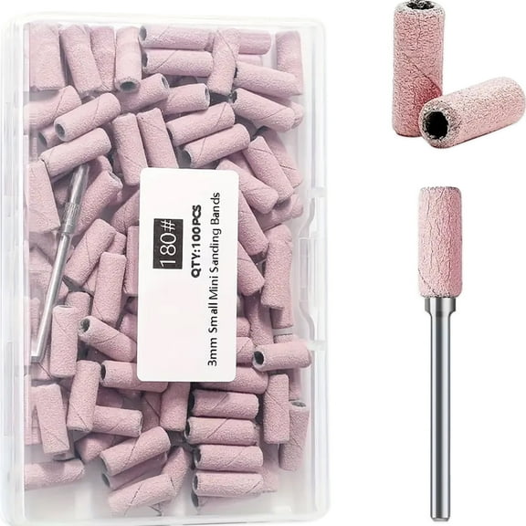FORICOM 100 Pieces Small Sanding Belt with Upgraded 3mm Mandrel Bit, 180#Grain Acrylic Nails, Gel Nail Removal, Professional Nail Sanding Belt for Manicure & Pedicure, Pink