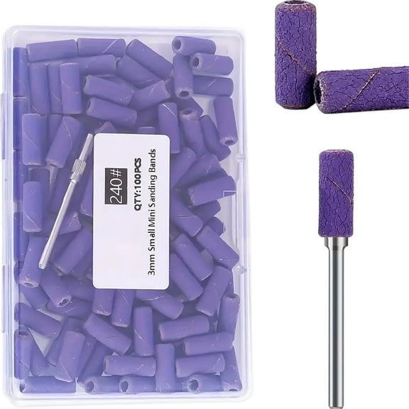 FORICOM 100 Pieces Small Sanding Belt with Upgraded 3mm Mandrel Bit, 240# Grain Acrylic Nails, Gel Nail Removal, Professional Nail Sanding Belt for Manicure & Pedicure, Purple