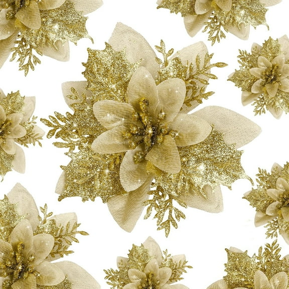 FORICOM 20 Christmas Artificial Glitter Decorative Flowers Christmas Flowers Wedding Christmas Tree New Year Decoration (Gold) - Christmas or Holiday Decoration