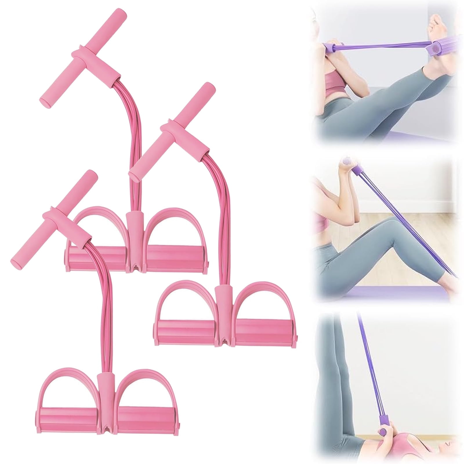 FORICOM 3PCS 4 Tubes Natural Latex Foot Pedal Elastic Pull Rope with Handle Fitness Equipment Bodybuilding Expander for Abdomen/Waist/Arm/Leg Stretching Slimming Training（Pink）
