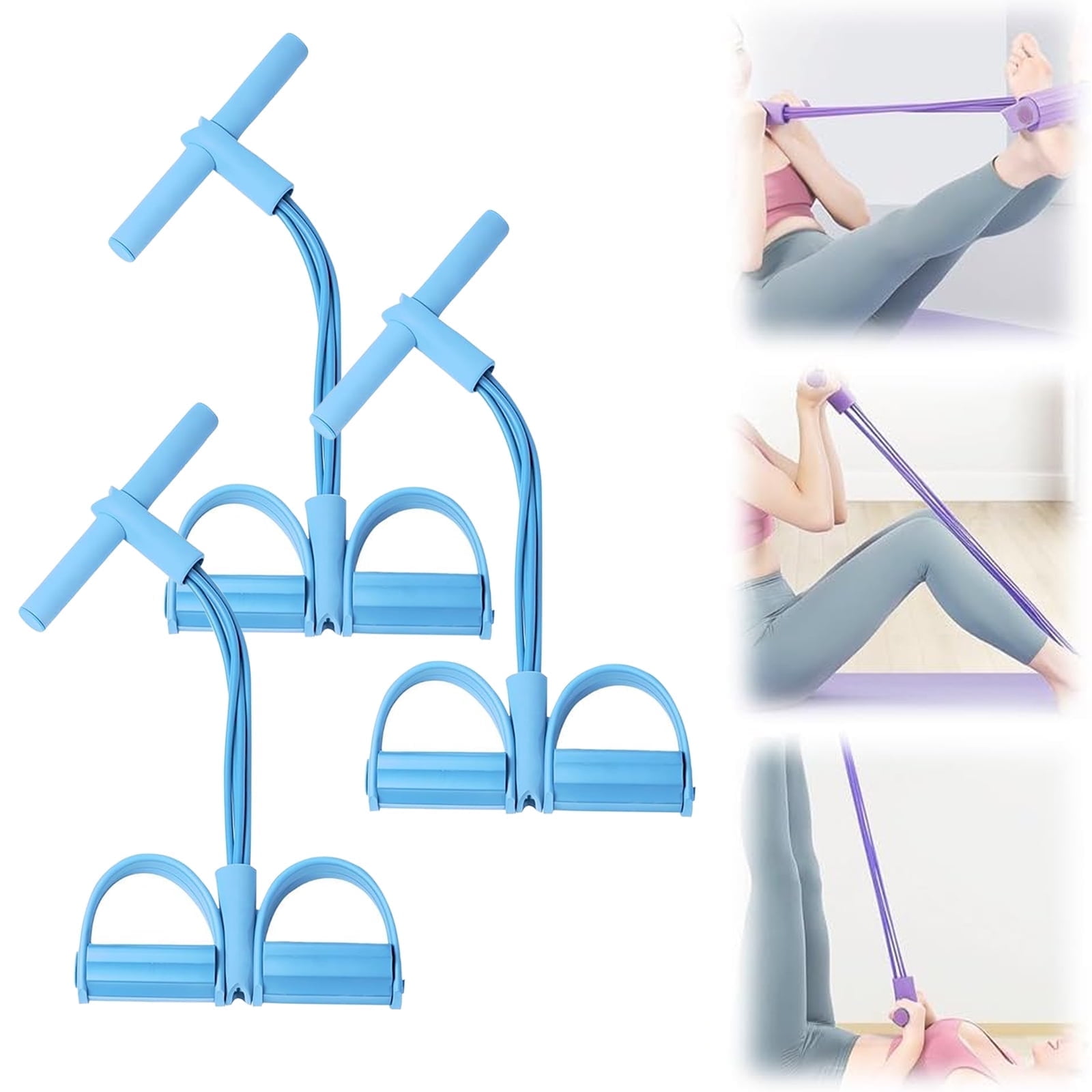 FORICOM 3PCS 4 Tubes Natural Latex Foot Pedal Elastic Pull Rope with Handle Fitness Equipment Bodybuilding Expander for Abdomen/Waist/Arm/Leg Stretching Slimming Training（Blue）