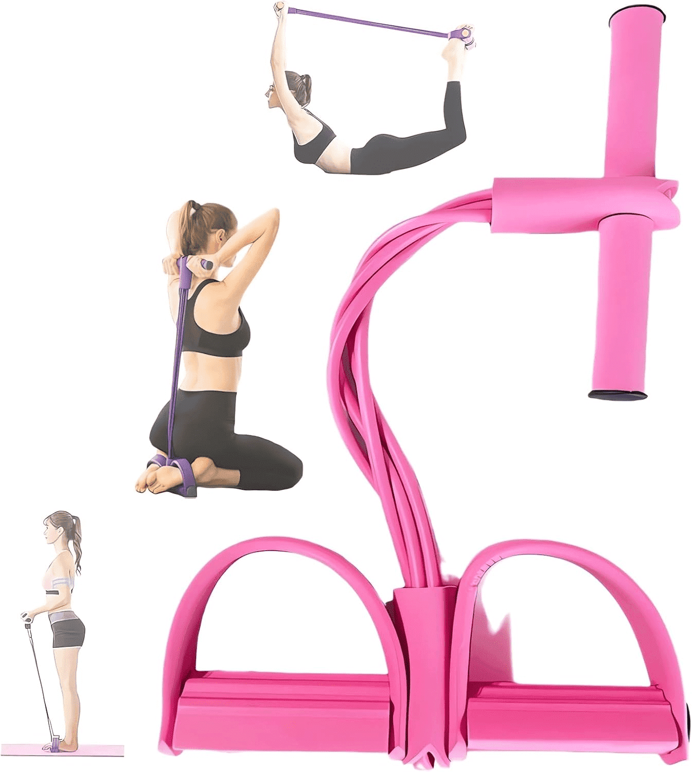 FORICOM 4 Tubes Natural Latex Foot Pedal Elastic Pull Rope with Handle Fitness Equipment Bodybuilding Expander for Abdomen/Waist/Arm/Leg Stretching Slimming Training（Pink）