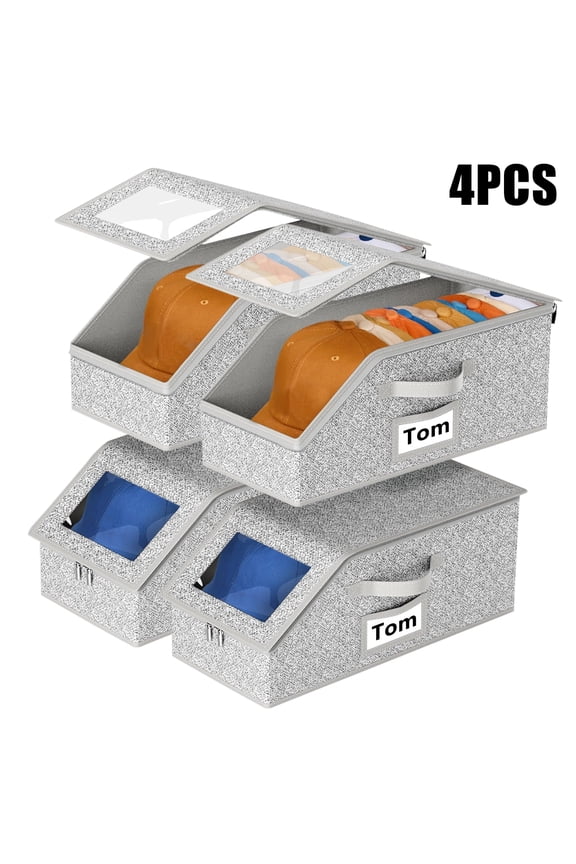 4PCS Hat Organizer for Baseball Caps, Stackable Hat Storage Holder, Dust-Proof Hat Boxes Container with Clear Window,Hat Organizer for Women & Men, Gray