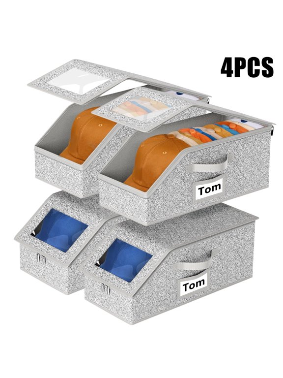 4PCS Hat Organizer for Baseball Caps, Stackable Hat Storage Holder, Dust-Proof Hat Boxes Container with Clear Window,Hat Organizer for Women & Men, Gray