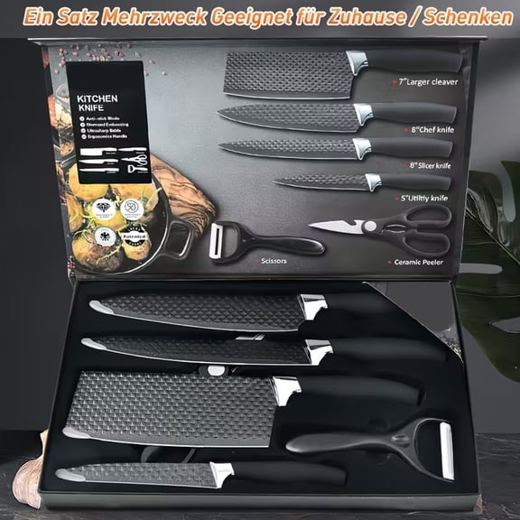 FORICOM 6-Piece Black Kitchen Knife Set, Stainless Steel Nonstick Blades with Scissors and Peeler, Rust-Resistant Household Knife Set