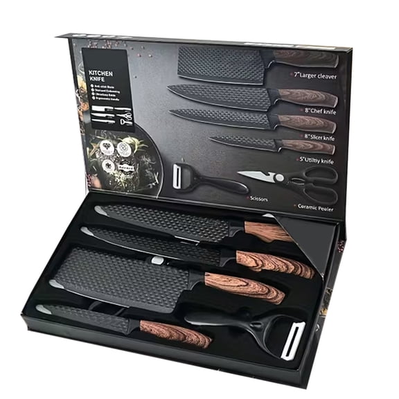 FORICOM 6-Piece Brown Kitchen Knife Set, Stainless Steel Nonstick Blades with Scissors and Peeler, Rust-Resistant Household Knife Set