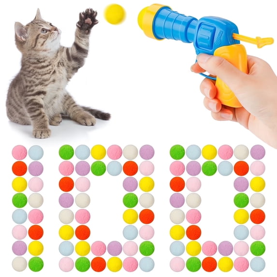 FORICOM Cat Toy Ball Set, 100pcs Plush Cat Pom Pom Balls & 1 Cats Fetch Toy Launcher Set for Kitten Catch Fetch Interactive Cat Toy (100Balls+1 Launcher)