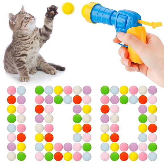 FORICOM Cat Toy Ball Set, 100pcs Plush Cat Pom Pom Balls & 1 Cats Fetch Toy Launcher Set for Kitten Catch Fetch Interactive Cat Toy (100Balls+1 Launcher)
