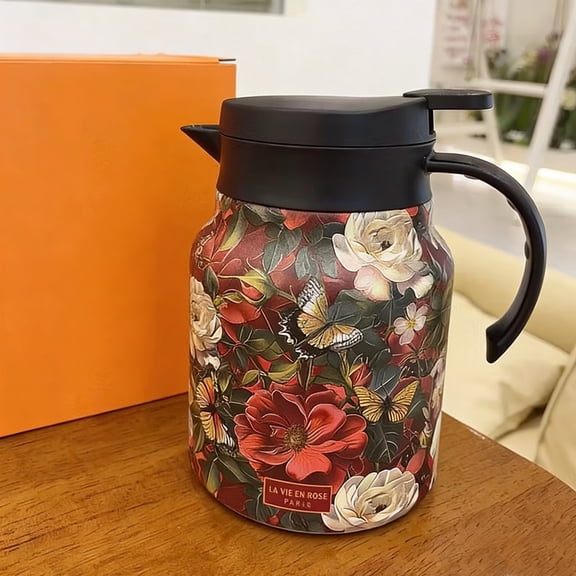 FORICOM Coffee Carafes, Vintage Pattern 35 Oz/1 Liter - Hot and Cold with Infuser, Perfect for Parties/Home Use, Kitchen Supplies Floral Insulated 316 Stainless Steel Coffee Carafe(Red)