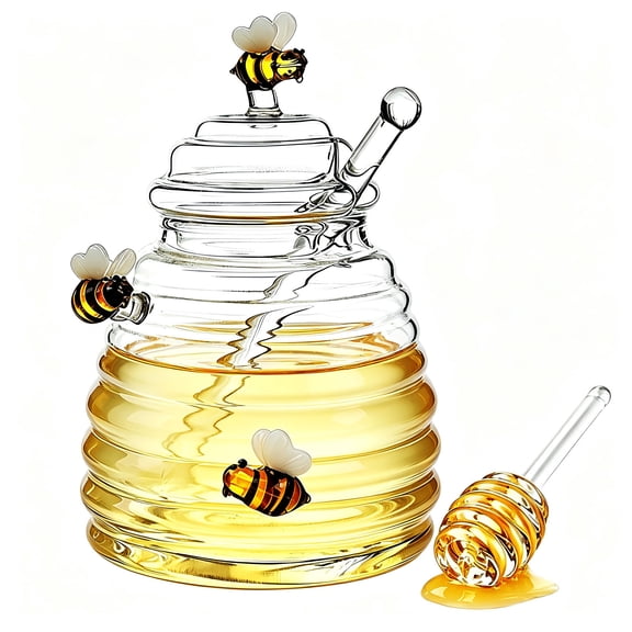 FORICOM Honey Jar with Dipper and Lid, 17oz Glass Beehive Honeypot Container, Decorative 3D Bee Glass Pot for Honey Jam Jelly, Home Kitchen Storage