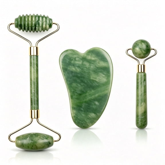 FORICOM 3 PCS Jade Face Roller & Gua Sha, Facial Beauty Roller Skin Care Tools, Self Care Gift for Men Women, Massager for Face, Eyes, Neck
