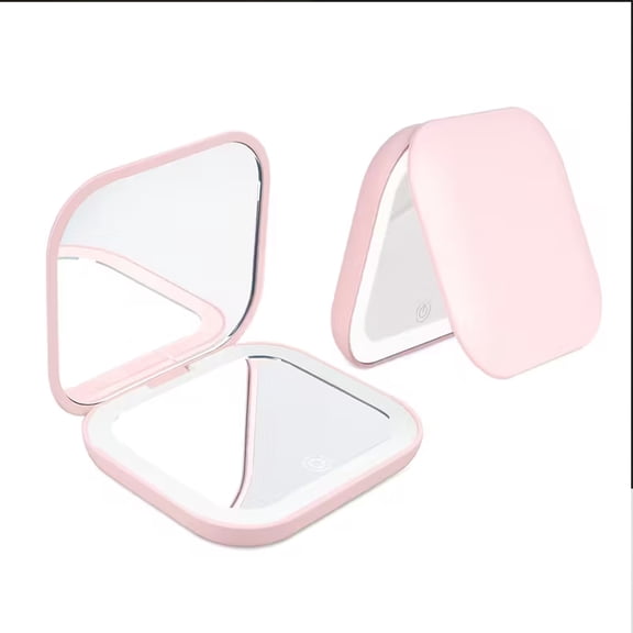 FORICOM Pocket Mirror, 1X/2X Magnification LED Compact Travel Makeup Mirror with Light for Purse, 2-Sided, Portable, Folding, Handheld, Small Lighted Mirror for Gift, Pink