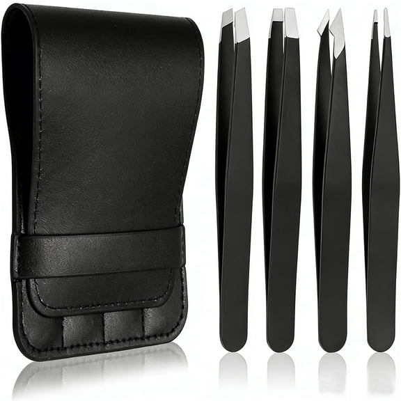 FORICOM Precision Tweezers Set, Pack of 4 Black Professional Tweezers, Handy Tote Bag, Premium Stainless Steel Tweezers Set, Broken Hair, Eyebrows, Facial Repair Tools