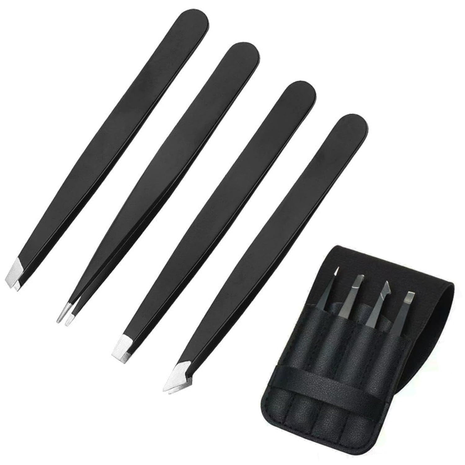 FORICOM Precision Tweezers Set, Pack of 4 Black Professional Tweezers, Handy Tote Bag, Premium Stainless Steel Tweezers Set, Broken Hair, Eyebrows, Facial Repair Tools