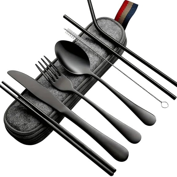 FORICOM Stainless Steel Flatware Set ,Portable Utensils, Everyday Flatware Set with Serving Utensils, Dishwasher Safe,chopsticks Spoons and Forks Set, Dining(Black)