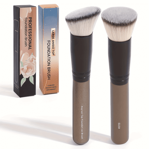 FORICOM Two-Piece Foundation Brush (Flat Top, Slanted Top) - Premium Makeup Brush for Liquids, Creams and Powders - Polishing, Blending and Face (Black))