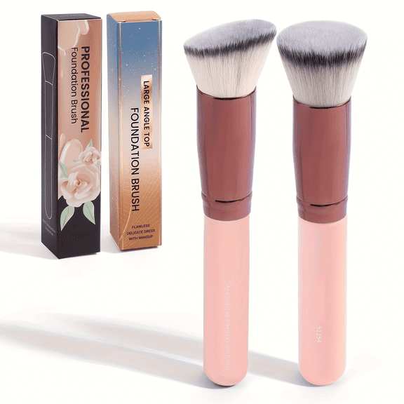 FORICOM Two-Piece Foundation Brush (Flat Top, Slanted Top) - Premium Makeup Brush for Liquids, Creams and Powders - Polishing, Blending and Face (Pink)
