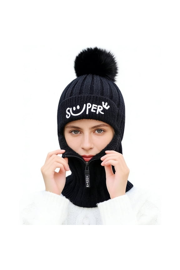 Women One Piece Slouchy Fleece Beanie Hats Scarf Mask Drawstring Warm Hooded Winter Balaclava Pullover Knitted Hat(Black)