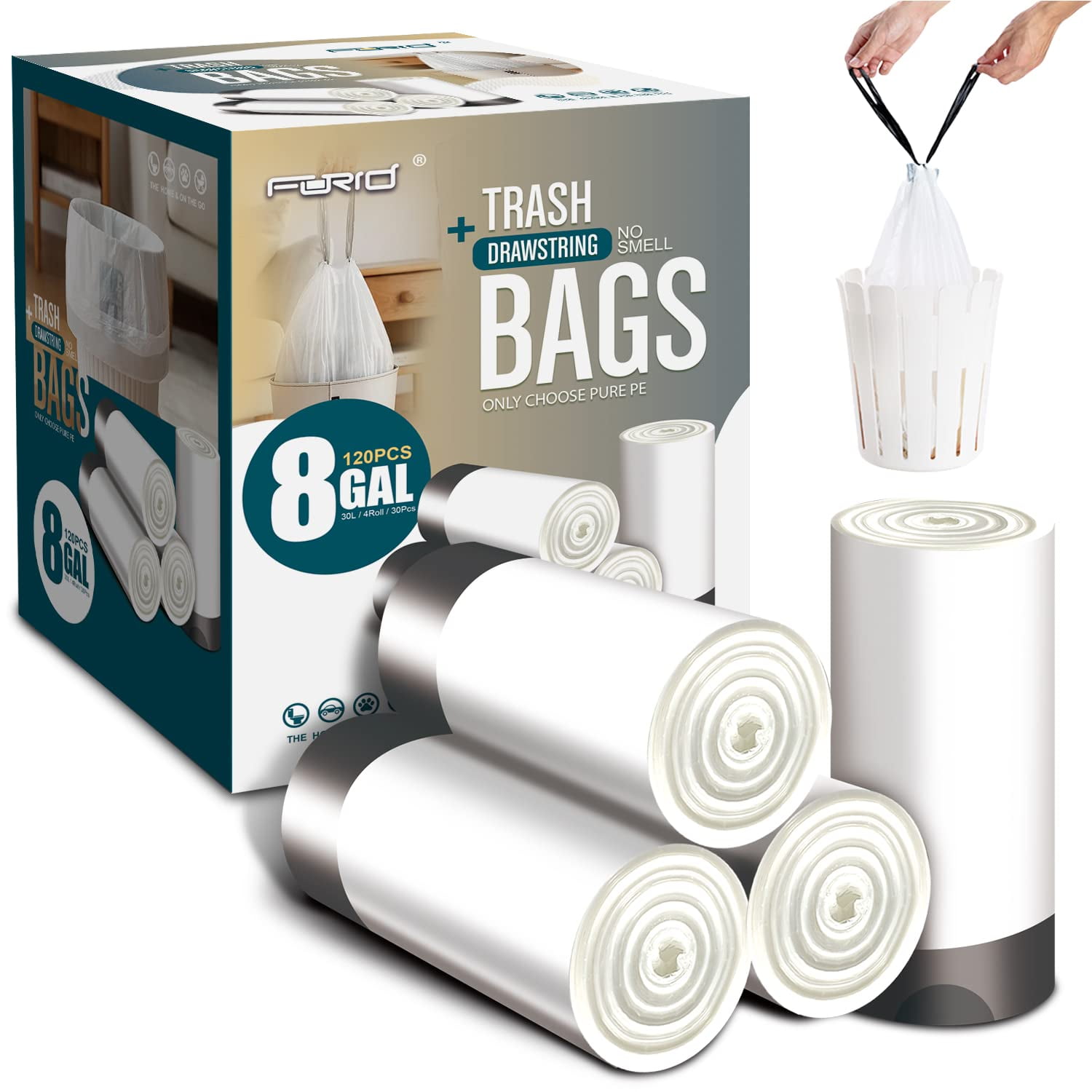 FORID Medium Drawstring Trash AIF9 Bags - Plastic Garbage Bags 8 Gallon (30 Liter) White Disposable Can Liners for Kitchen Bedroom Bathroom Home Office (120 Counts) - Durable & Thick Trash Bags
