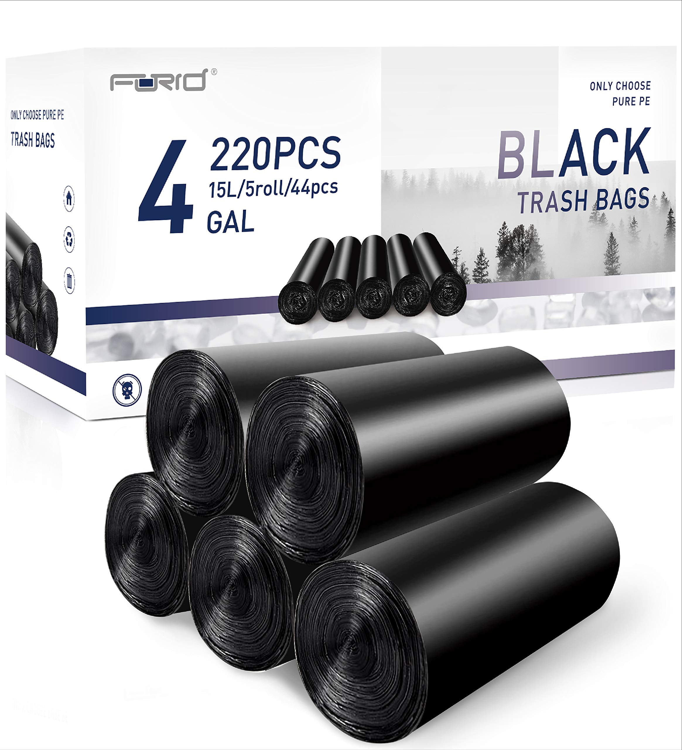 FORID Small Black Trash TSF6Bags - 4 Gallon Garbage Bags 220 Counts Strong Plastic Trash Can Liners 15 Liter for Kitchen Bathroom Office Waste Basket - Durable & Thick Trash Bag