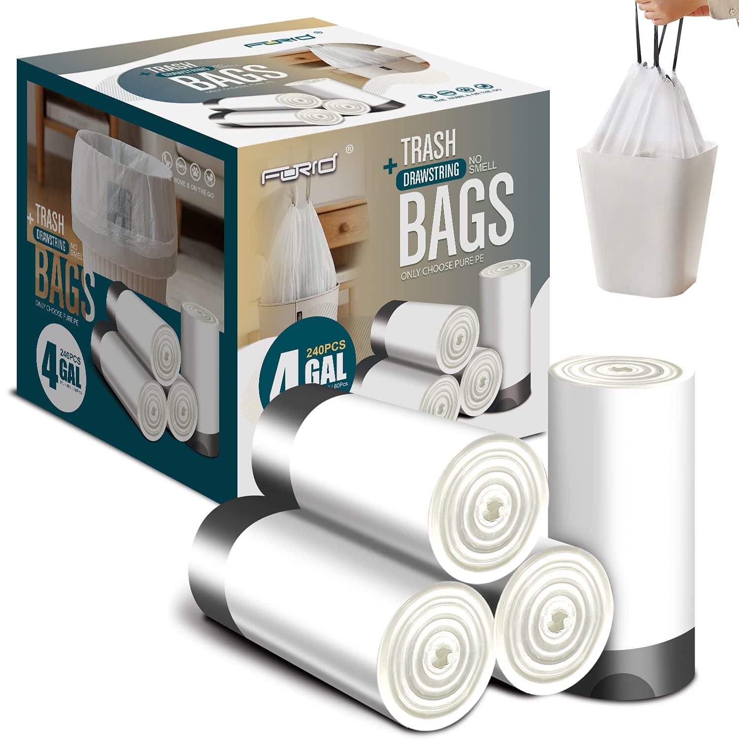 FORID Small Drawstring Trash AIF9 Bags - 4 Gallon Plastic Garbage Bags 240 Counts White Trash Can Liners 15 Liter for Bathroom Restroom Bedroom Office Toilet - Durable & Thick Trash Bag