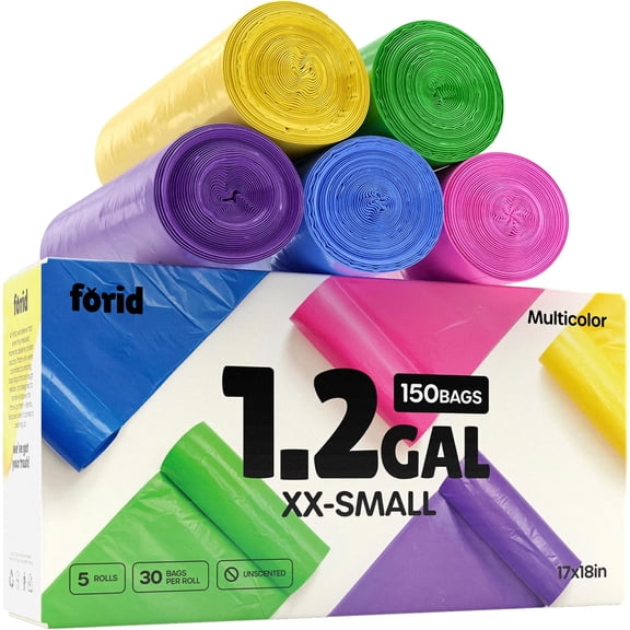 FORID Small Trash Bags 1.2 Gallon Colored - Extra Thick Mini Garbage Bags Unscented,Strong Plastic Wastebasket Liners for Bathroom Bedroom Office and Car,150 Bags Multi Colored